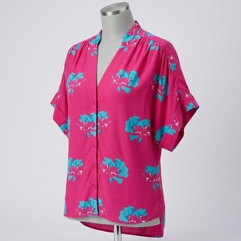 Maje Floral Blouse Womens 2 Medium Pink Blue V-Neck Short Sleeve Viscose Top
